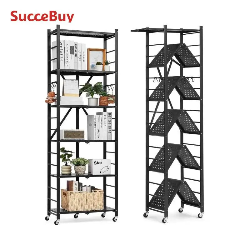 SucceBuy 3-6 Tier Black Foldable Storage Shelf — Wheeled Metal Rack Organizer for Kitchen & Garage
