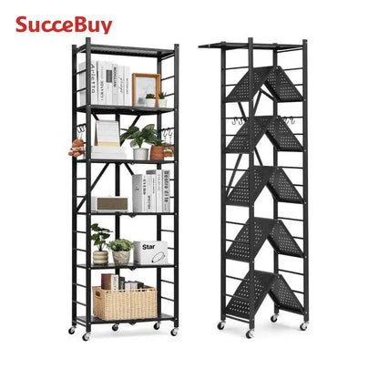 SucceBuy 3-6 Tier Black Foldable Storage Rack — Wheeled Metal Shelving Organizer for Garage & Kitchen