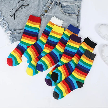 Rainbow Striped Women’s Socks — Elastic Long Sporty Retro Harajuku Meias, New Arrival