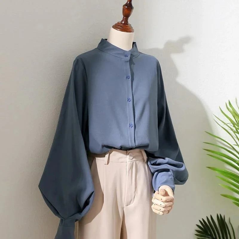 Women’s Spring & Autumn Blouse — Loose Shirt with Long Lantern Sleeves and Stand Collar