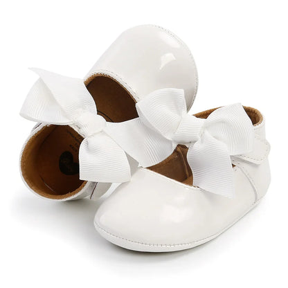 Meckior Baby Girl Shoes – Bowknot PU Ballet Slippers with Rubber Anti-Slip Sole, First Walker Toddler Crib Dress Shoes