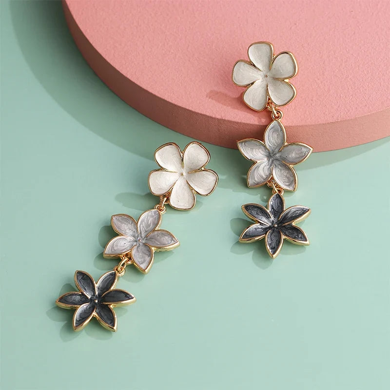 Long Flower Enamel Drop Earrings - Colorful Metal Petal Dangle Party Jewelry for Women