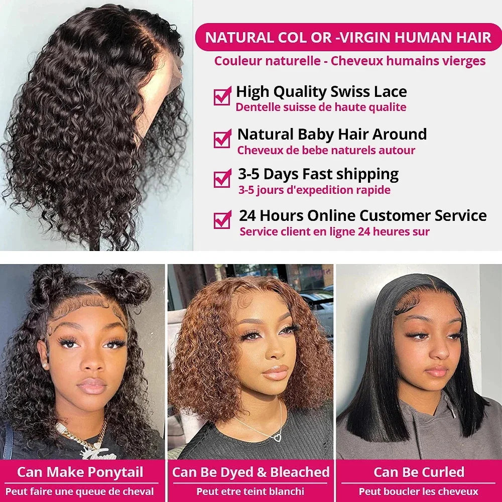 Wear and Go Water Wave Bob Lace Wig – Curly 6x4 Glueless Human Hair, 4x4 Ready-to-Go Pre-Cut Lace Wig for Women