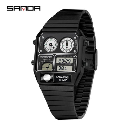 SANDA 3192 Men’s LED Square Watch — Youth Casual Multi-Function Stopwatch Thermometer Chronograph