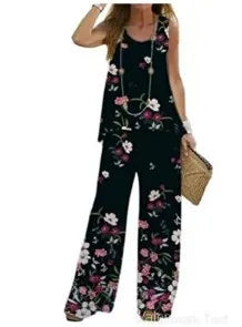 Women Printed 2-Piece Summer Suit Set – Sleeveless Round Neck Top & Wide Leg Pants Casual Loose Fit Outfit