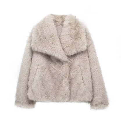 TRAF 2024 Women's Cropped Faux Fur Jacket – Chic Lapel Collar, Long Sleeve, Front Snap-Button Thick Coat