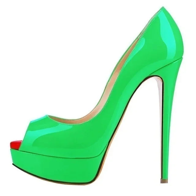 Women’s Sexy Platform Peep Toe Pumps – 14cm Stiletto Patent Leather High Heels for Party & Wedding