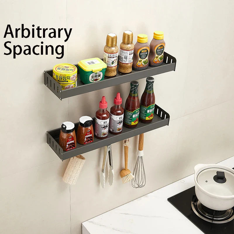 Wall-Mounted Kitchen Spice Rack Organizer with Hanging Hooks – Kitchen Storage Shelf for Condiments