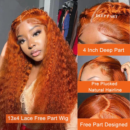 Wiggogo Orange Ginger Lace Front Wig – 30 Inch Curly Deep Wave Human Hair, 13x4/13x6 HD Lace Frontal Wig