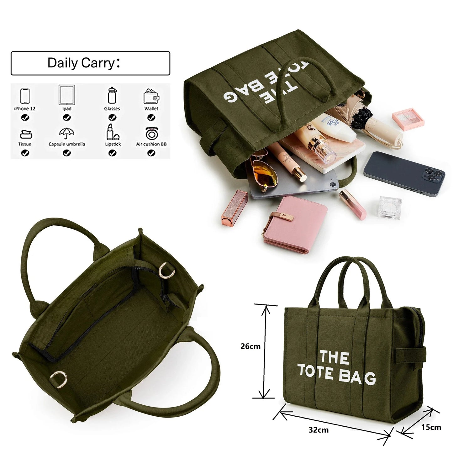 THE TOTE BAG — Designer Fashion Canvas Handbag for Women, Adjustable Shoulder & Crossbody Strap, Large Capacity