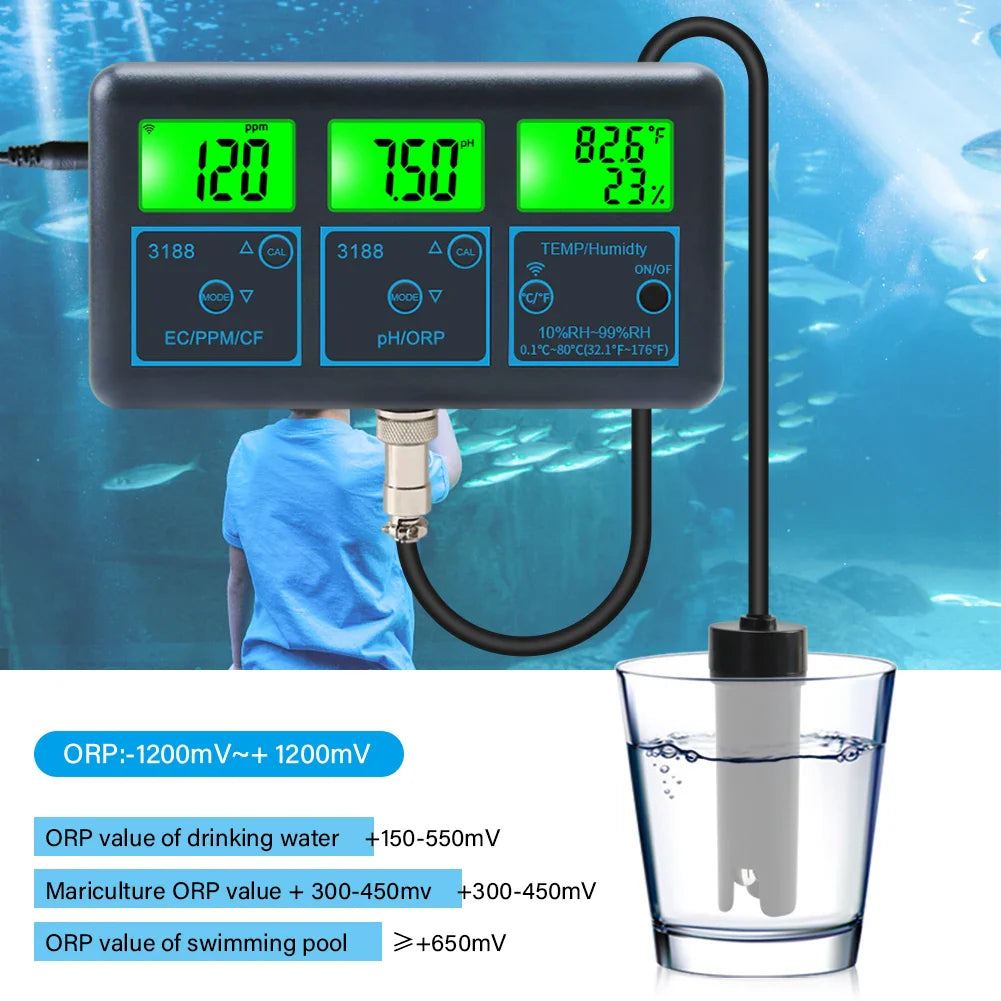 WiFi PH Meter & Water Tester – Temp, TDS, EC, ORP Smart Monitor for Aquariums, Hydroponics, Swimming Pools, Tuya APP Control