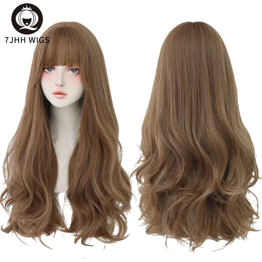 7JHH Brown Ash Long Deep Wave Lolita Wig for Women — Synthetic Hair with Bangs, Thick Curly Fashion Wig