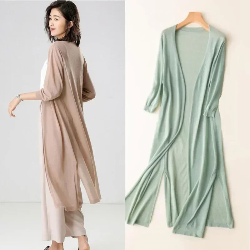 2024 Korean Women's Casual Long Sun Protection Cardigan – Soft, Comfortable, Loose Fit, Solid Color, Free Size Thin Sweater