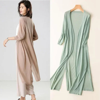 2024 Korean Women's Casual Long Sun Protection Cardigan – Soft, Comfortable, Loose Fit, Solid Color, Free Size Thin Sweater