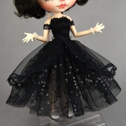 Mini Black Princess Doll Dress – Multilayer Lace Tutu Party Outfit for Blythe & BJD Dolls