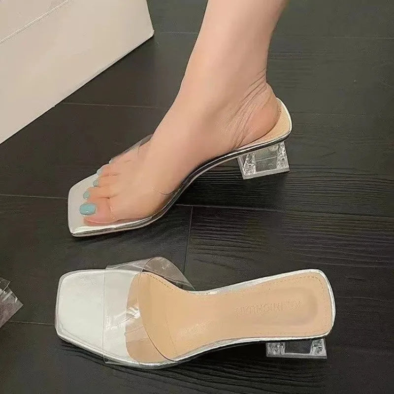 Women’s Crystal Clear Transparent Mules – Summer Middle Heel Comfortable Fashion Slides