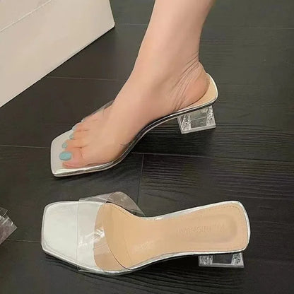 Women’s Crystal Clear Transparent Mules – Summer Middle Heel Comfortable Fashion Slides