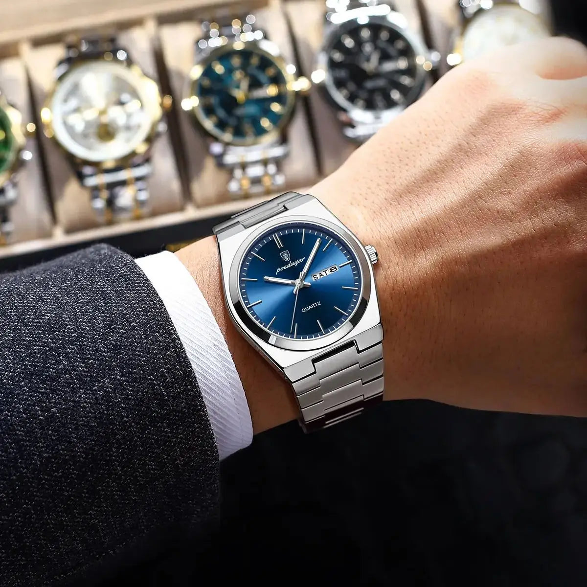 POEDAGAR Luxury Men's Watch – Waterproof Luminous Quartz with Date and Week, Stainless Steel, Casual with Box