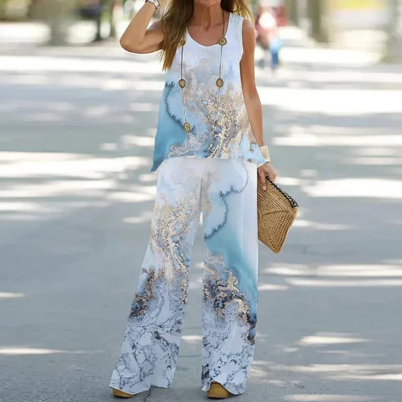 Women Printed 2-Piece Summer Suit Set – Sleeveless Round Neck Top & Wide Leg Pants Casual Loose Fit Outfit