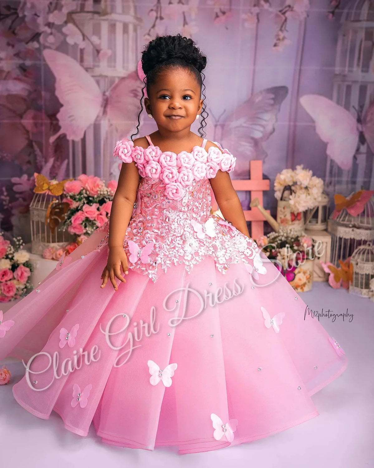 Flower Girl Wedding Dress - Pink Applique Butterfly & Pearl Party Gown