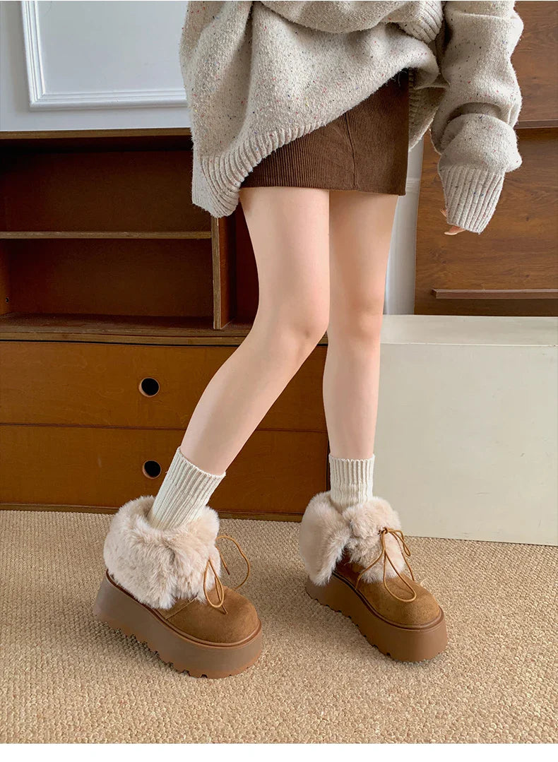 Women’s Winter Chunky Sole Fur Snow Boots – Cozy Height-Boosting Cotton Short Booties