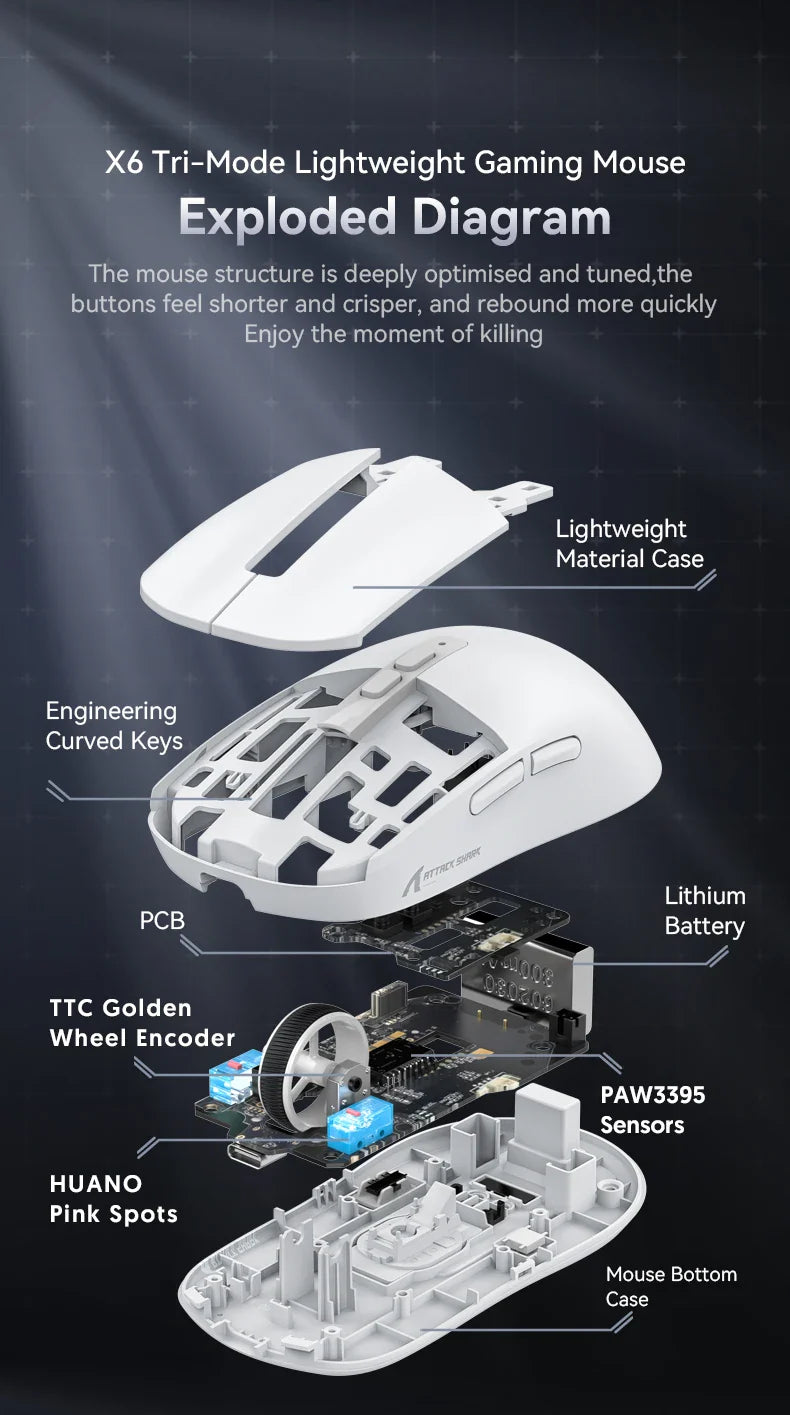Attack Shark X6 PAW3395 Bluetooth Gaming Mouse — Tri-Mode Connection with RGB Touch, Magnetic Charging Base & Macro Functions