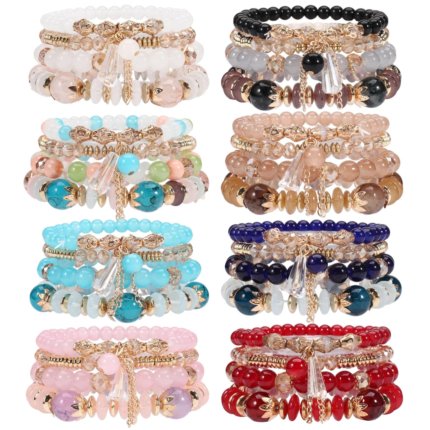 Bohemian Stackable Bead Bracelets for Women - Multilayered Pendant Charm Stretch Bangles