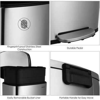 50L Stainless Steel Step Trash Can — Kitchen & Home Garbage Bin for Office, Bedroom, Garage, Living Room & Bathroom