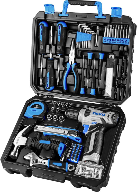 DEKO 126-Piece Drill Set – 8V Blue Cordless Drill & Hand Tool Kit for Home, Ideal for Women