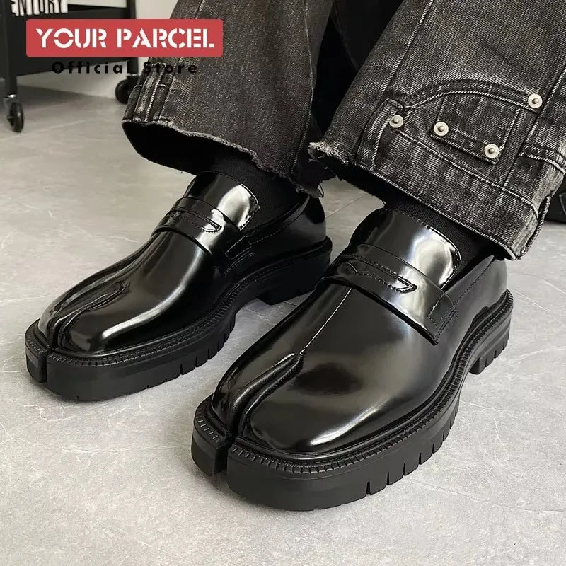 Men’s Split Toe Tabi Loafers – Thick Sole Patent Leather Casual Korean Trend Shoes