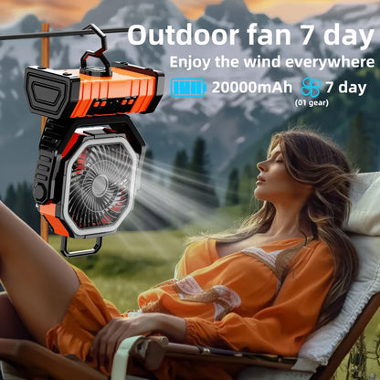 20000mAh Portable Rechargeable Fan — Battery-Operated Desk & Camping Fan with LED Light & Hook for Tent, Car, and Outdoor Trips