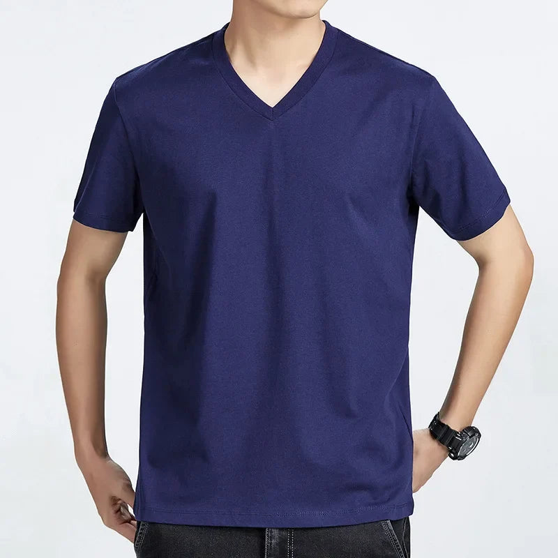 Men's Pure Cotton V-Neck T-Shirt - Comfortable Loose-Fit Casual Short Sleeve Top