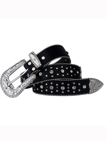 Black Cross Rivet Belt with Engraved Buckle – Rhinestone PU Punk Western Cowboy Cowgirl Jeans Belt