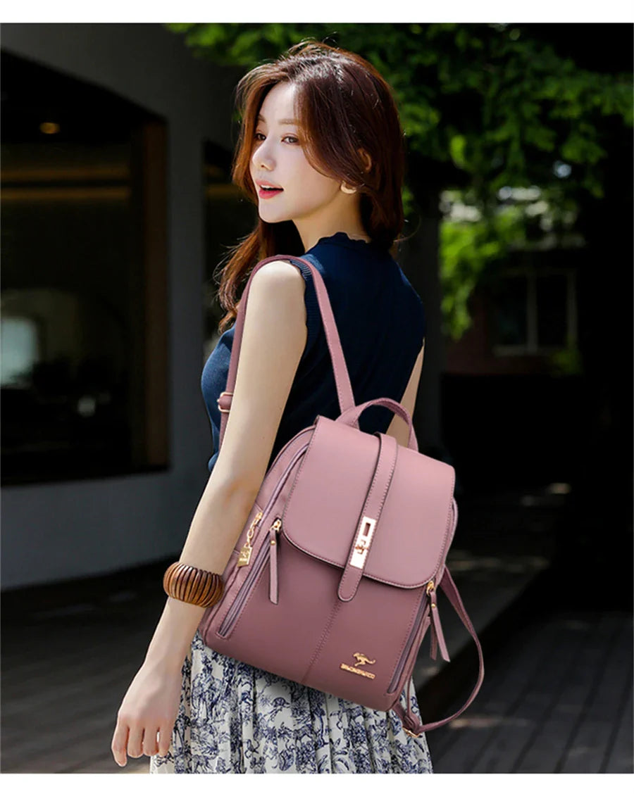 Luxury Leather Backpack for Women - Vintage Black Daypack, Casual School Bag for Girls, Mochila Rucksack Style