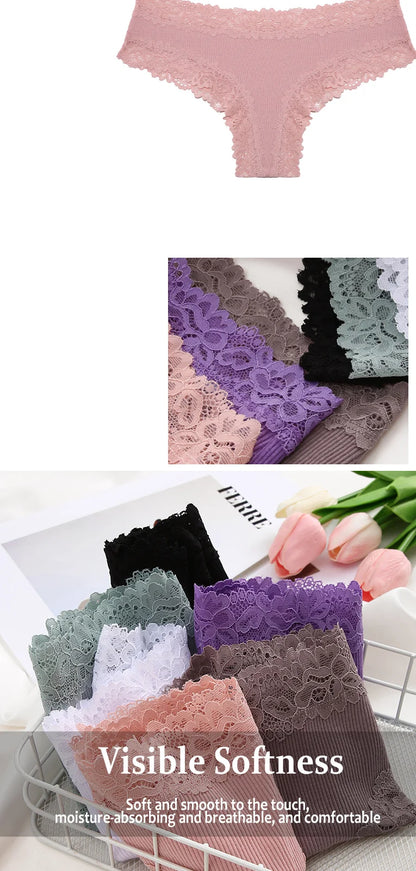 3PCS Lace Seamless Cotton Panties - Ribbed Brazilian Low Waist, Breathable Women’s Underwear, Plus Size Lingerie