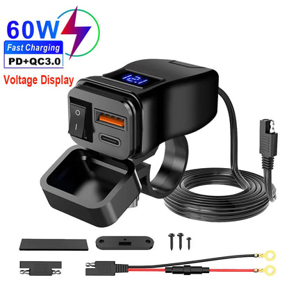60W PD QC3.0 Motorcycle USB Fast Charger - Dual USB Handlebar Socket With Switch Voltmeter Waterproof 12V Power Adapter