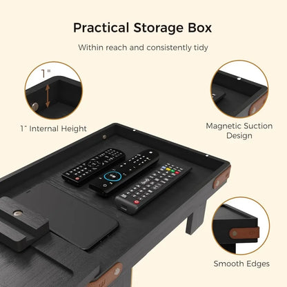Black Sofa Armrest Tray with Storage Box – Couch Arm Table with 360° Rotating Top & Phone Stand