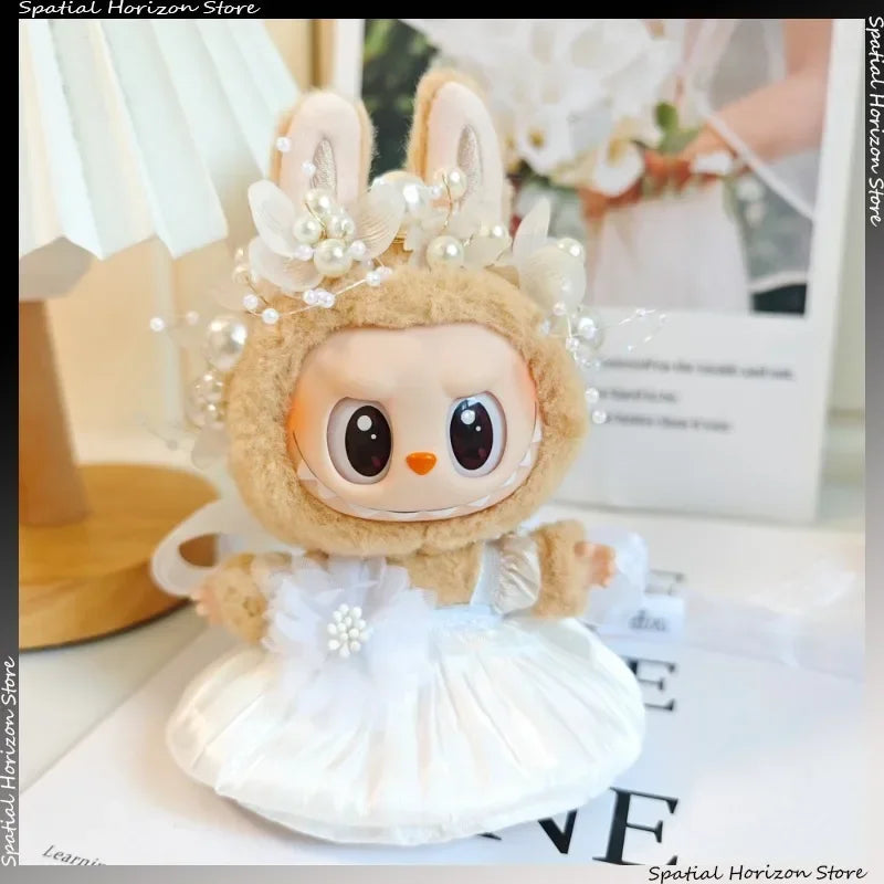 Mini Plush Doll Clothes Bud Skirt with Pearl Hair Accessory — Labubu I & II Kpop Idol Doll DIY Outfit Gift