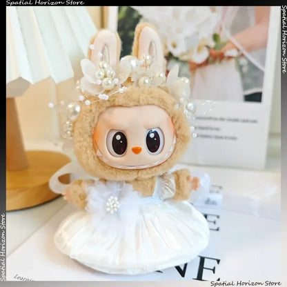 Mini Plush Doll Clothes Bud Skirt with Pearl Hair Accessory — Labubu I & II Kpop Idol Doll DIY Outfit Gift