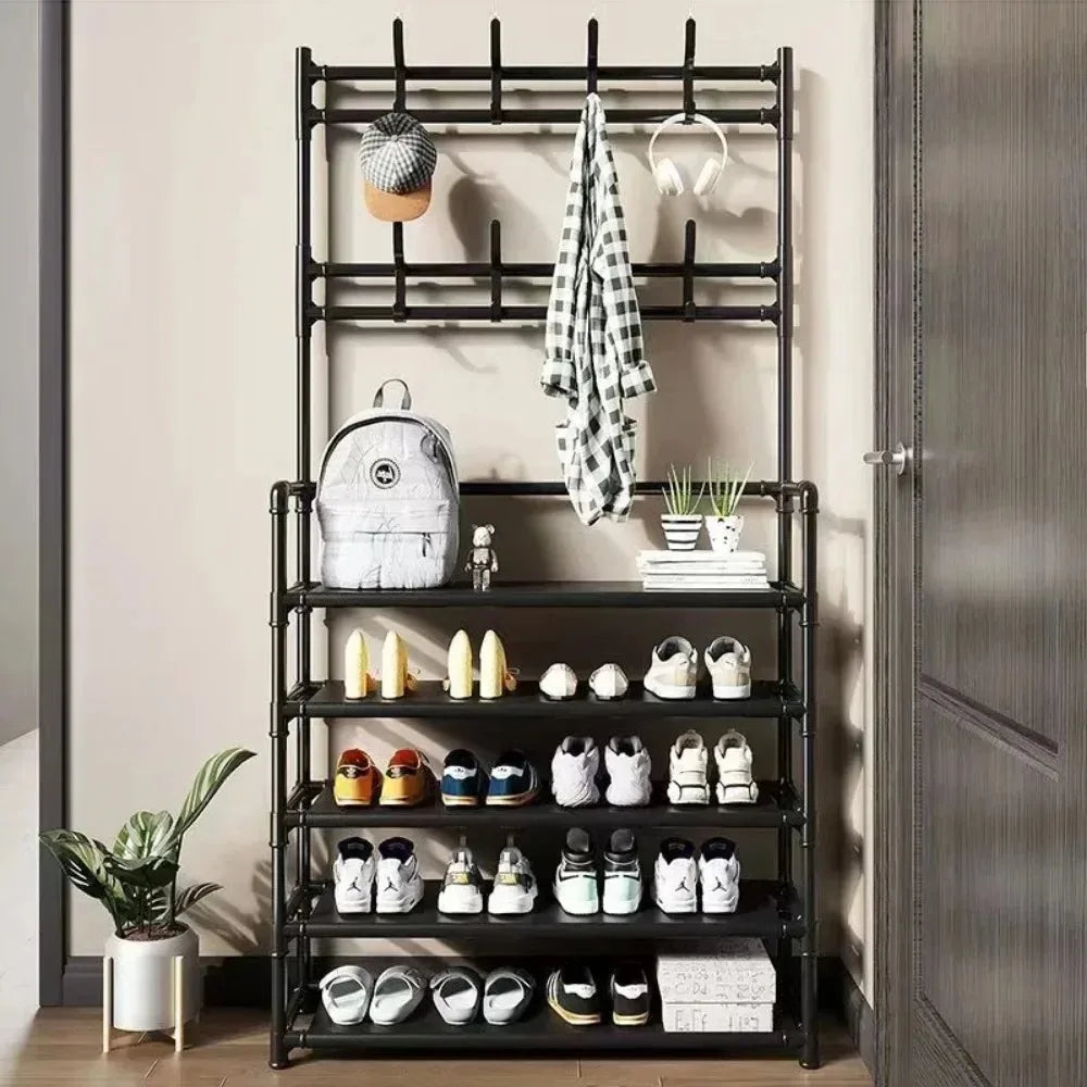 Multi-Layer Clothes Hanger & Shoe Rack – DIY Floor-Standing Hat and Shoes Organizer for Living Room Storage
