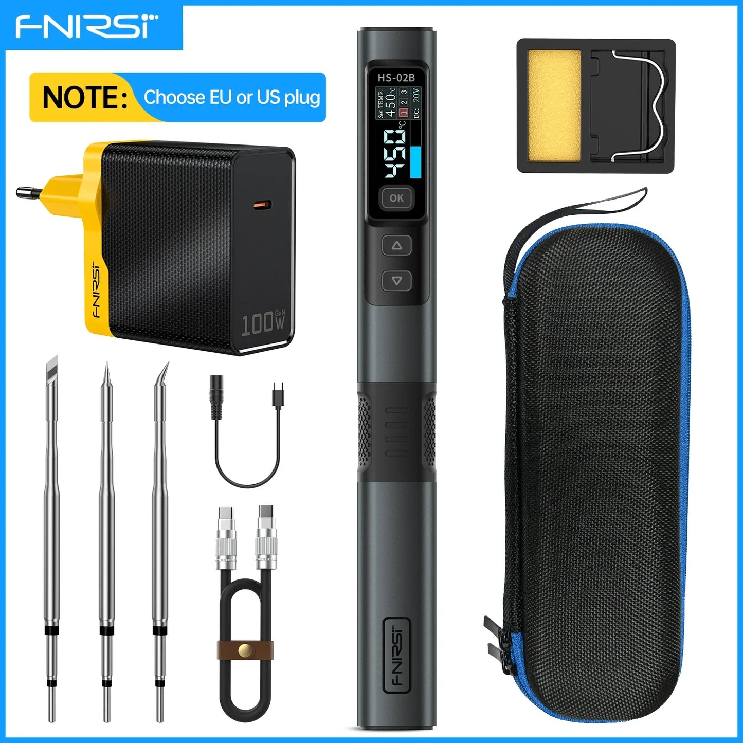 FNIRSI HS-02 Adjustable Temperature Soldering Iron – 20V 100–450℃ 100W Portable Welding & Repair Rework Station Tool