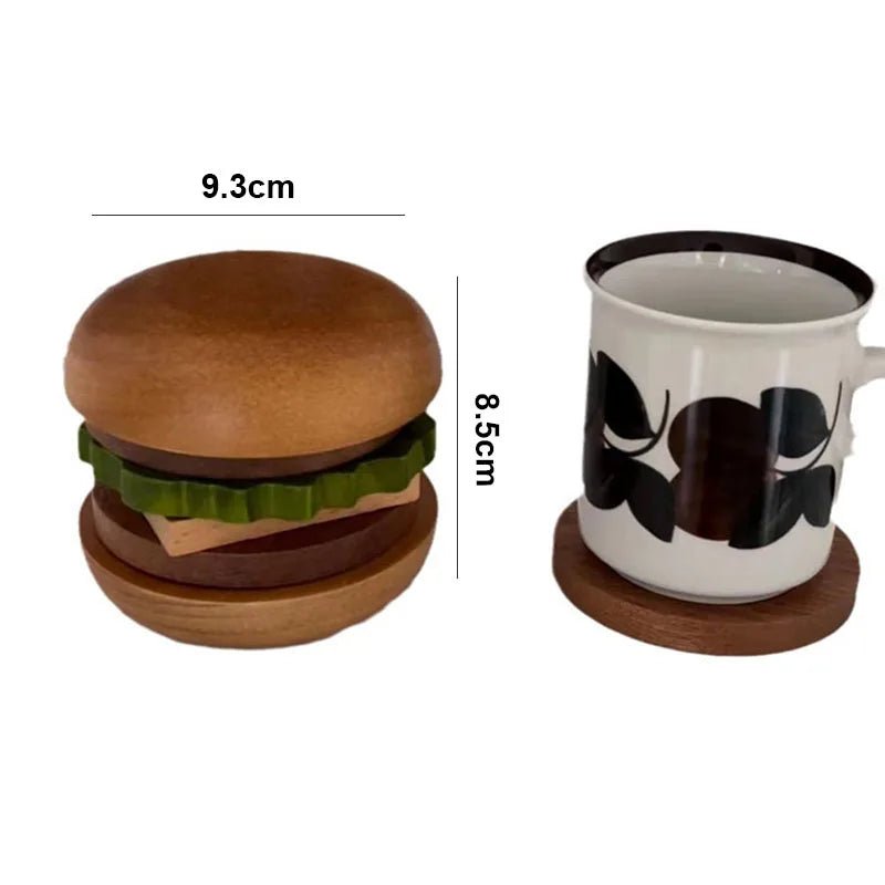 6PCS Hamburg Shape Teacup Tray Set – Solid Wood Coasters for Cupcakes, Snacks & Desserts, Anti-slip Burger Insulation Mats
