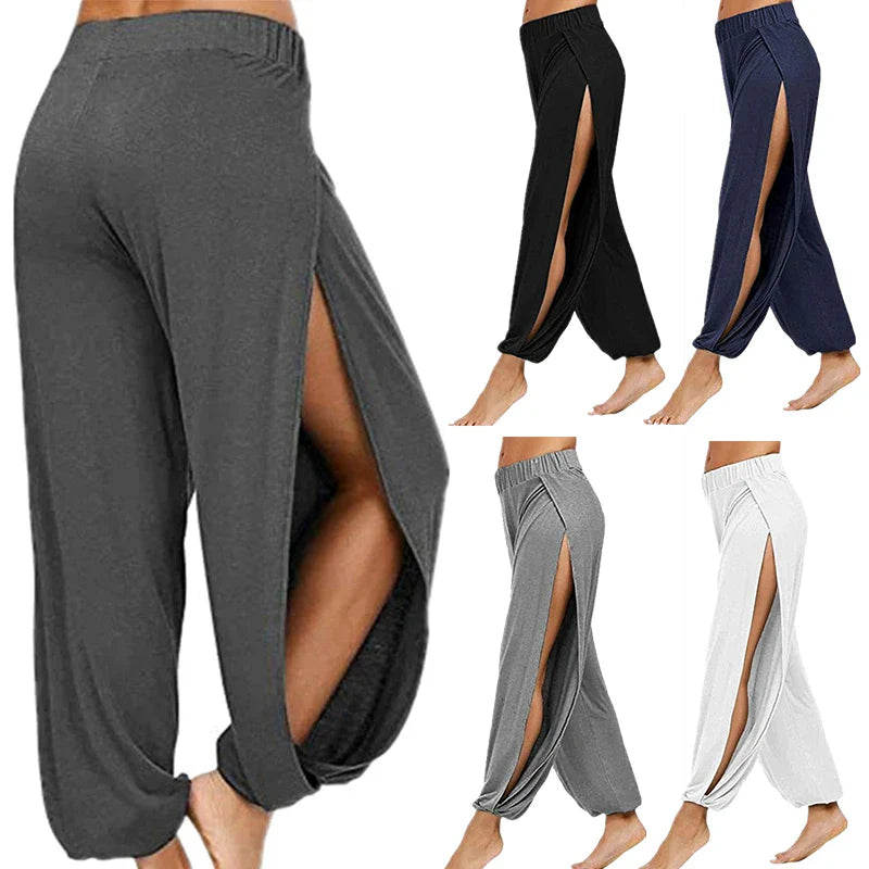 Women's Fashion Yoga Pants: High-Waisted Slit Wide Leg Harem Pants - Gym Leggings for Casual Solid Hollow Workout