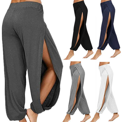 Women's Fashion Yoga Pants: High-Waisted Slit Wide Leg Harem Pants - Gym Leggings for Casual Solid Hollow Workout