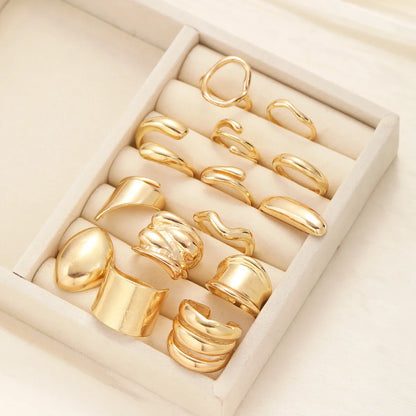 14pcs Gold Geometric Rings Set for Women – Wide Face Smooth Asymmetrical Fashion Jewelry Gift