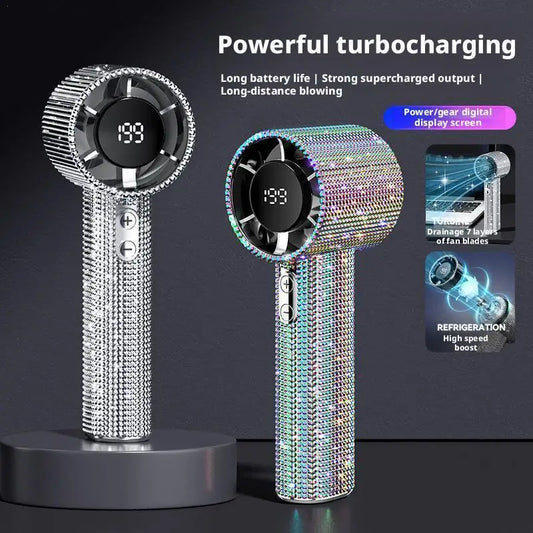 199-Speed Portable Handheld Fan – Strong Wind, Diamond-Covered, Type-C Rechargeable Outdoor Cooling Fan