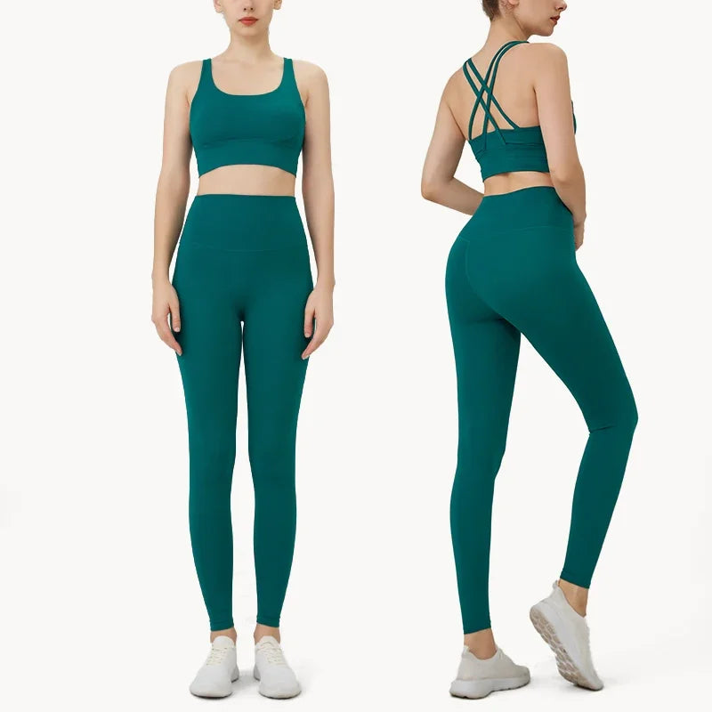 Summer 2 Piece Women's Yoga Tracksuit - Cross-Back Nylon Top and Leggings Athletic Set for Pilates and Fitness