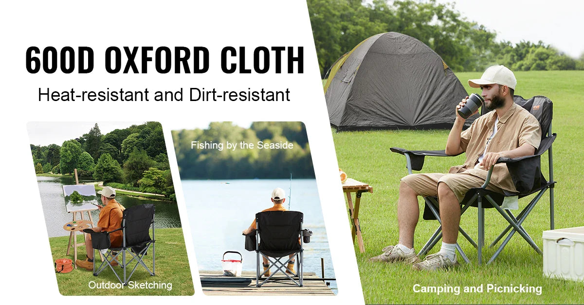 Camping Folding Chair — Portable Padded Armchair with Lumbar Support & Side Pockets for Beach, Lawn, Picnic