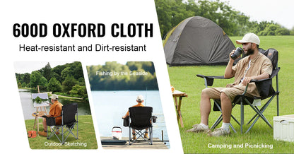 Camping Folding Chair — Portable Padded Armchair with Lumbar Support & Side Pockets for Beach, Lawn, Picnic