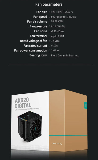 DeepCool AK620 CPU Cooler - Digital Display, 6 Heat Pipes, Twin Towers Radiator for LGA 2066, 2011, 1700, 1200, 115X, AM5 & AM4